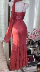 Modest Prom Dresses Mermaid Spaghetti Strap Coral Chiffon With Beading Long Lace Evening Outfits N3537
