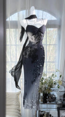 Charming Prom Dresses Mermaid Spaghetti Strap Black Chiffon Tea Length Evening Outfits N3555