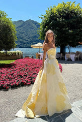 Classy Prom Dresses Inspiration Ball Gown Strapless Yellow Floral Long Semi Formal Dance Grad Prom Dress For Teens High Schools AB1950