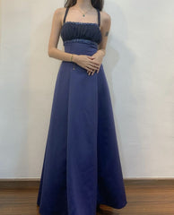 Vintage A Line Strap Navy Blue Satin Sleeveless Long Formal Dress Evening Gown Prom Dresses N2551