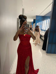 Sexy Mermaid Strapless Red Sequins Inspo With High Split Formal Party Gowns Long Prom Dresses AB1771