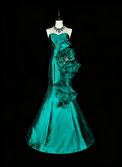 Vintage Mermaid Sweetheart Green 70s Satin Long Prom Gown Party Wear Dresses4 N1834