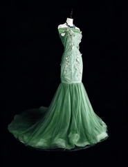 Vintage Mermaid Off The Shoulder Sage Green 70s Lace Long Prom Gown Party Wear Dresses N1836