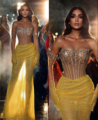 Modest Senior Prom Dresses High Schools Inspiration Mermaid Strapless Yellow Slit For Black Girls Semi Formal Grad Long Prom Dress For Teens AB2006