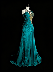 Vintage Mermaid Green 70s With Pleated Gold Beads Long Prom Gown Party Wear Dresses N1837