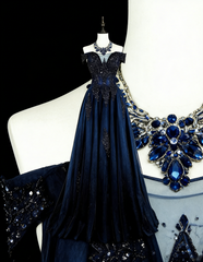 Vintage 1980s A Line Off The Shoulder Navy Blue Tulle With Sleeves Lace Long Prom Formal Dresses N1604