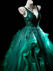 Modest Prom Dresses Ball Gown V Neck Dark Green Tulle With Appliqued Long Quince Dress N3057