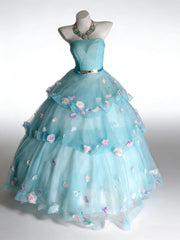 Modest Prom Dresses Ball Gown Strapless Light Sky Blue Tulle With Flowers Long Quince Dress N2969
