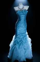 Pretty Prom Dresses Mermaid Spaghetti Strap Blue Organza With Beaded Bodice Long Formal Dress N3045