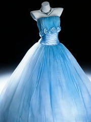 Modest Prom Dresses Ball Gown Strapless Blue Tulle With Ruffled Flowers Long Quince Dress N3051