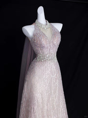 Elegant A Line Halter Blush Pink With Beading Formal Dress Sequin Birthday Prom Dresses N2829