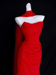 Romantic Mermaid Strapless Red With Scarf Tulle Formal Dress Long Prom Dresses N2827
