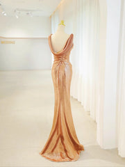 Beautiful Prom Dresses Mermaid Gold Sequined With Folded Long Formal Gown N2935