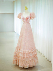 Sweet Ball Gown Sweetheart Short Sleeves Pink Sequined Long Formal Dress Birthday Prom Dresses N2855
