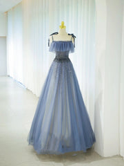 Romantic A Line Spaghetti Strap Dusty Blue Grey With Beading Formal Dress Long Prom Dresses N2856