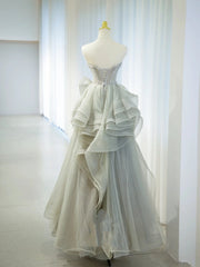 Elegant Ball Gown Strapless Gray With Appliqued Tulle Long Formal Dress Birthday Prom Dresses N2854