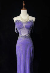 Glitter Prom Dresses Mermaid Sweetheart Lilac Tulle With Beading Backless Long Formal Evening Dress N3888