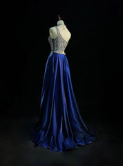 Simple Prom Dresses A line One Shoulder Royal Blue Floor Length Beaded Formal Evening Dress N3688