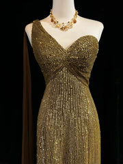 Vintage Mermaid 2000s One Shoulder Gold Sequin Formal Dress Long Sparkly Prom Dresses N2574