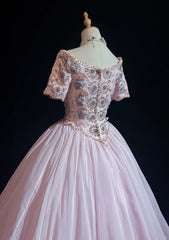 Princess Prom Dresses Ball Gown Scoop Pink Tulle Half Sleeves Evening Long Quince Dress N3285
