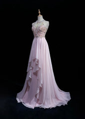 Vintage Prom Aesthetic Dresses A Line Jewel Pearl Pink Chiffon With Beading Long Formal Dress N3033