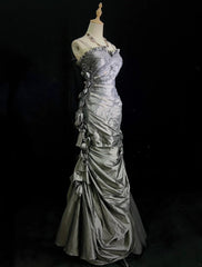 Modest Prom Dresses Mermaid Spaghetti Strap Grey Satin With 3D Flowers Formal Outfits N3653