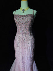 Timeless Prom Dresses Mermaid Spaghetti Strap Light Pink Tulle With Beading Backless Long Evening Outfits N3233