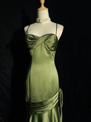 Vintage Classy Prom Dresses Mermaid Spaghetti Strap Olive Green Satin With Ruffled Evening Long Dress N3297