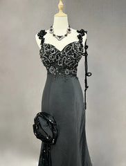 Vintage Prom Dresses Inspo Mermaid Spaghetti Strap Black Long 1990s With Beaded Appliqued Formal Gowns N3378