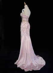 Vintage Prom Dresses 80s Mermaid Strapless Pink Satin Applique Long Formal Evening Outfits N3480