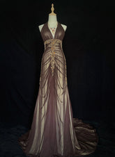 Vintage Prom Dresses Inspo Mermaid V Neck Brown Satin Long 1990s With Beading Formal Gowns N3352