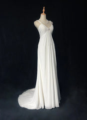 Simple White Prom Dresses A line V Neck Chiffon Sleeveless With Beaded Semi Formal Evening Dress N3820
