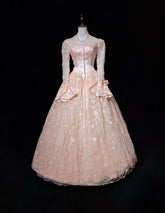Princess Prom Dresses Ball Gown V Neck Pink Lace With Long Sleeves With Pearls Formal Evening Outfits N3878