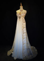 Vintage 90s Prom Dresses A Line Spaghetti Strap White Chiffon With Gold Lace Formal Evening Outfits N3849