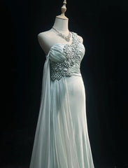 Beautiful Prom Dresses A line One Shoulder Light Green Chiffon With Crystals Long Formal Evening Outfits N3678