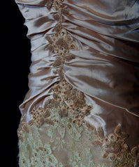 Glamour Prom Dresses Mermaid Strapless Blush Pink Satin Gold Lace With Beading Formal Evening Outfits N3835
