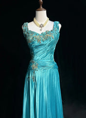 Vintage Prom Aesthetic Dresses A line Blue Satin With Beading Appliqued Long Formal Dress N3024