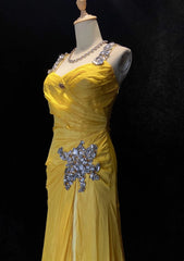 Beautiful Prom Dresses Mermaid Spaghetti Strap Yellow Chiffon With Beading Long Evening Outfits N3325