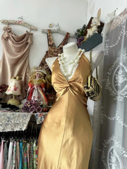 Classy Prom Dresses Mermaid Halter Gold Satin Backless Long Formal Evening Outfits N3766