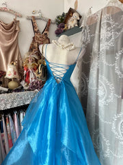 Classy Prom Dresses Ball Gown Spaghetti Strap Blue Sleeveless Formal Evening Outfits N3781