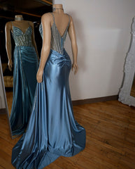 Blue Mermaid V-Neck Satin Long Appliques Sequin Prom Dress With Slit AB1680