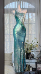 Sparkly Prom Dresses Mermaid One Shoulder Blue Sequined Long Evening Outfits N3541