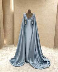 Elegant Mermaid Halter Light Sky Blue Satin With Beaded Long Formal Prom Evening Dress Dinner Outfits Party Gowns AB2077
