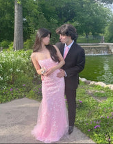 New Arrival Mermaid Spaghetti Straps Pink Lace Long Prom Dresses Inspo Formal Night Party Dress AB1658