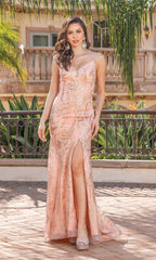 Glitter-Print Long Prom Dress with Sheer Sides