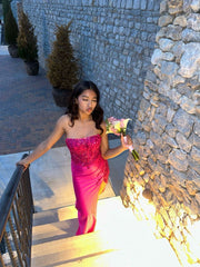 Sexy Mermaid Strapless Hot Pink Sequin With Split Long Formal Dress Gown Party Prom Dresses N2397