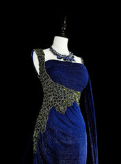 Vintage 1980s Mermaid One Shoulder Royal Blue Satin With Beaded Long Prom Formal Dresses N1607