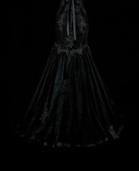 Vintage 1980s Mermaid Sweetheart Black Tulle With Appliques Sleeveless Long Prom Formal Dresses N1599