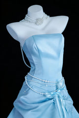 Modest Prom Dresses Ball Gown Strapless Blue Satin With Ruffled Long Quince Dress N3049