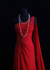 Vintage A line One Shoulder Red Chiffon Sleeveless Summer Formal For Women Girls Teens Prom Dresses N2246
